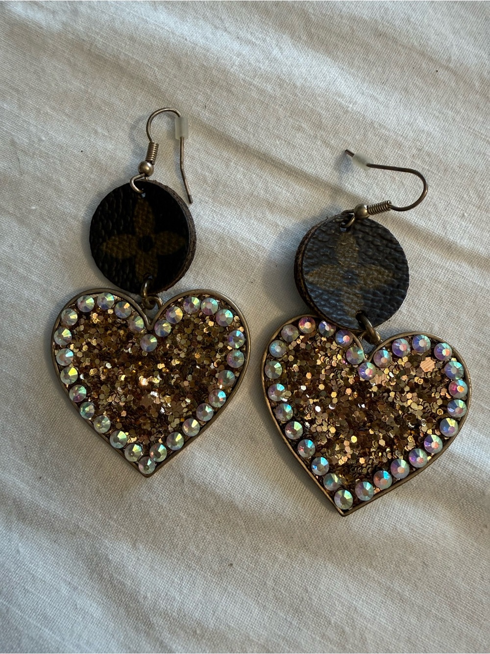 Gold Glitter Heart Drop Earrings with Rhinestone Trim